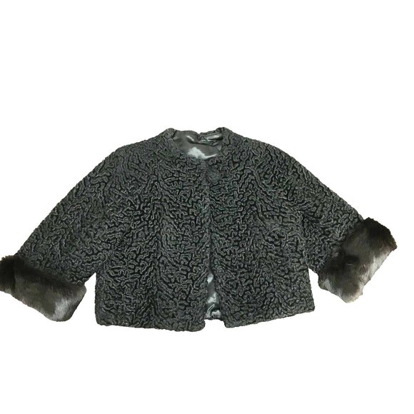 unbranded Jackets & Blazers - VTG Womens 4-6 Black Persian Lamb Fur Coat Mink Trim Cropped Event Wedding